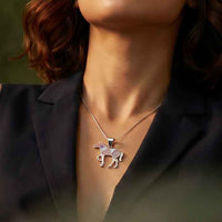 Pretty in pink inlay horse pendant necklace show on person