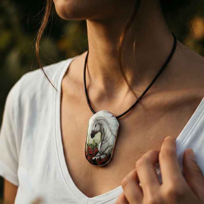 Rojo Fields Cloisonné Horse Necklace Pendant shown on person