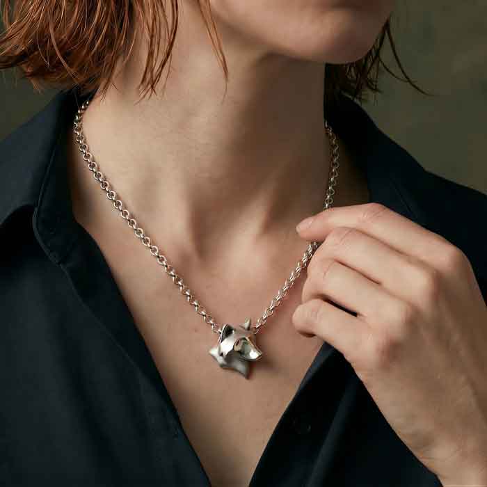 Wolf Dog Head Pendant Necklace -sterling silver  shown on person