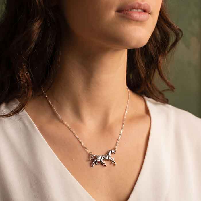 small mare and foal bar style necklace  sterling silver shown on horse lover