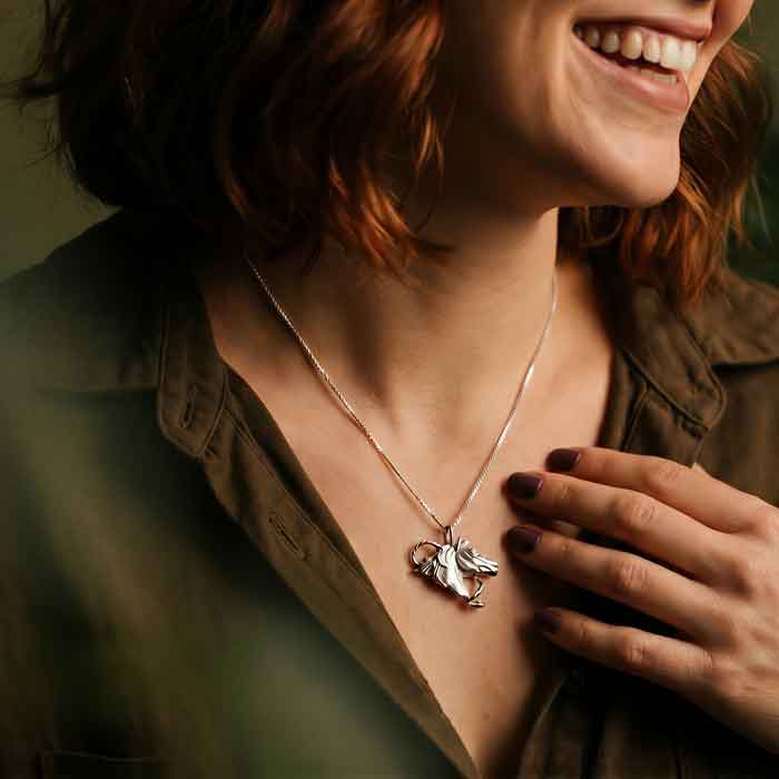 Star Horse Head Pendant Necklace with CZ Sterling Silver shown on preson