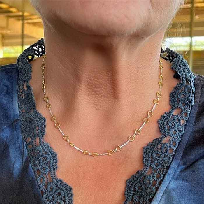 Silver and Gold Snaffle Bit Horse Bit Necklace on neck