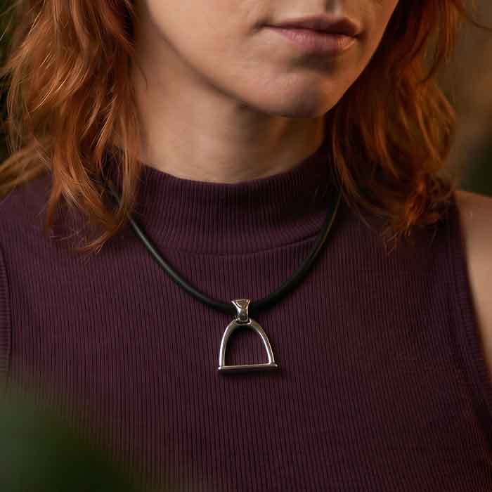 Modern Stirrup Pendant Necklace in Sterling Silver  shown on neck of horse lover