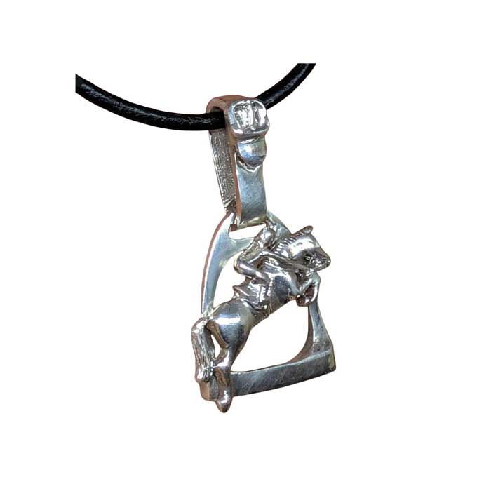 Stirrup with Jumping Horse and Rider in sterling silver with black leather cord side view