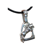 Stirrup with Jumping Horse and Rider in sterling silver with black leather cord side view
