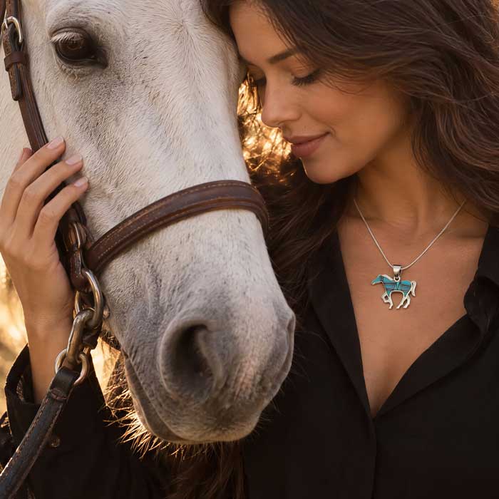 Turquoise and Opal Inlay Horse Pendant Necklace set in Sterling silver shown on necklace of equestrian rider