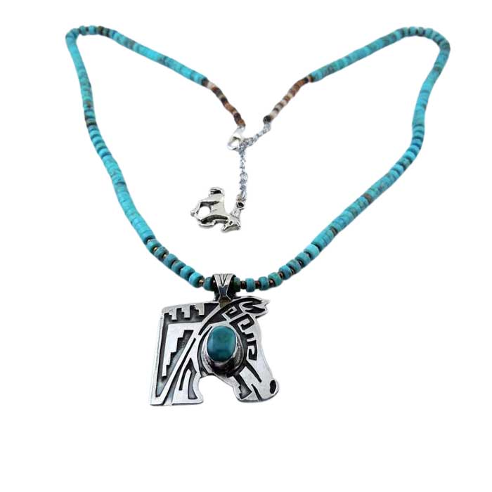 Taos Horse Head Pendant Necklace Sterling Silver on Turquoise.