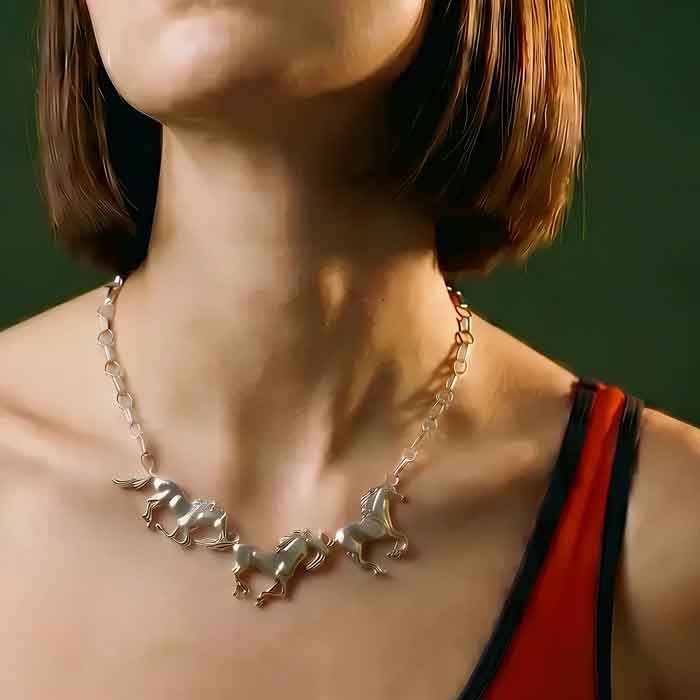 Three Ponies Necklace Sterling Silver show on neck of horse lover