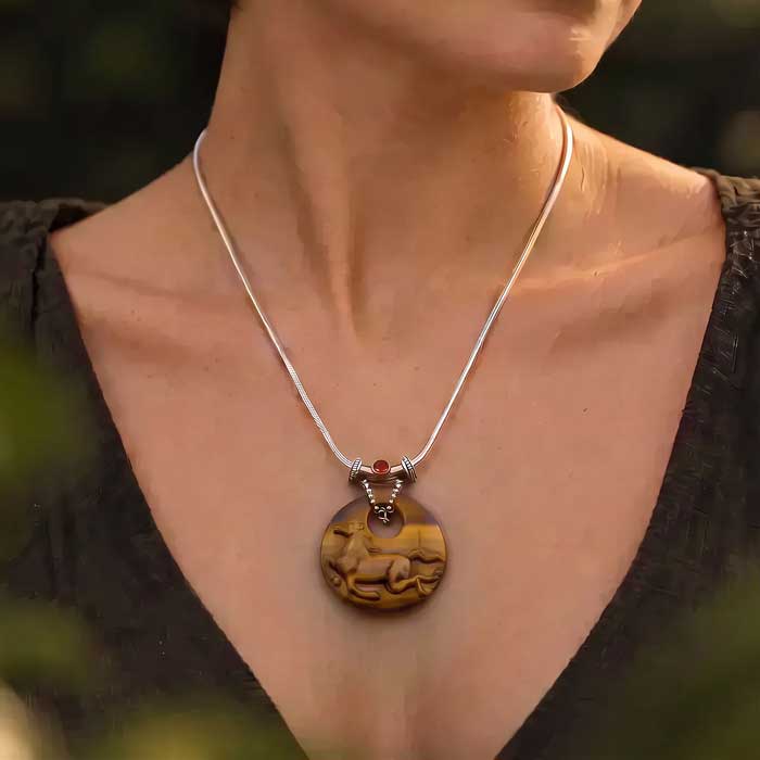 Tiger Eye Carved Carefree  Horse Pendant Necklace shown on horse lover