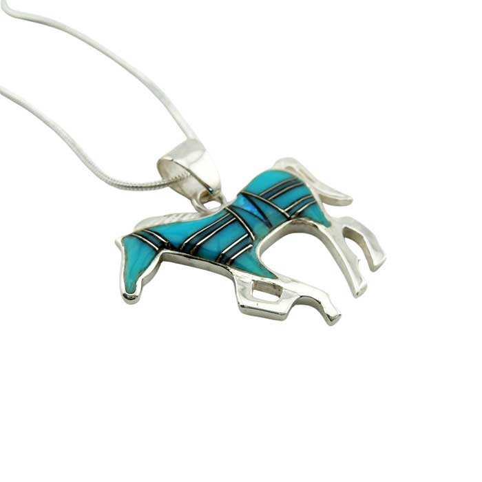 Turquoise and Opal Inlay Horse Pendant Necklace set in Sterling silver