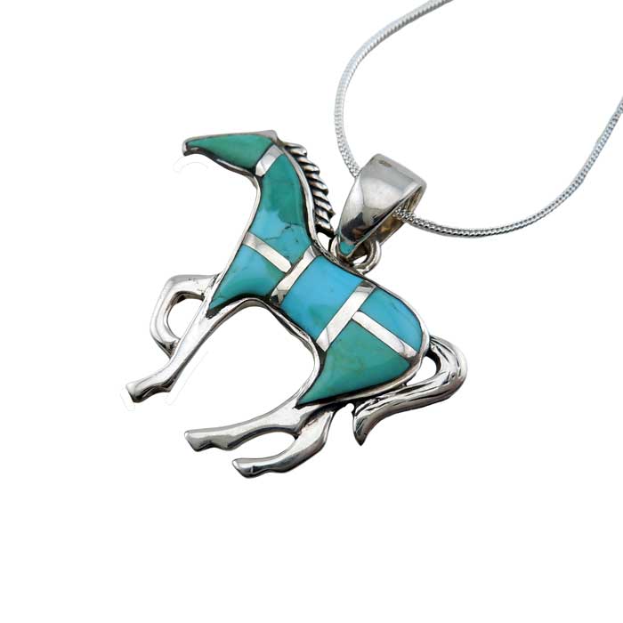 Turquoise Inlay Horse Pendant Necklace