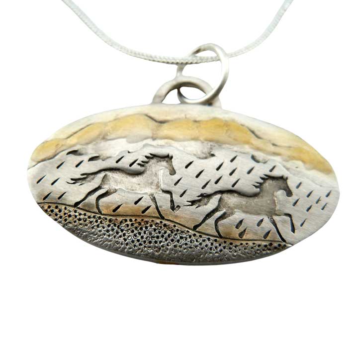 Horses Racing Across Landscape Pendant Necklace Sterling Silver