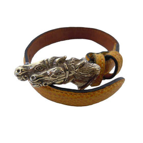 Vintage Vermeil Two Horse Head Clasp on Leather Bracelet
