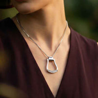 Western Stirrup Necklace in Sterling Silver with CZs on model