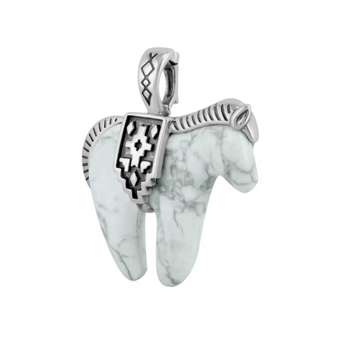 White Howlite Horse Necklace Pendant with decorative Sterling Silver mane and tail and belly band