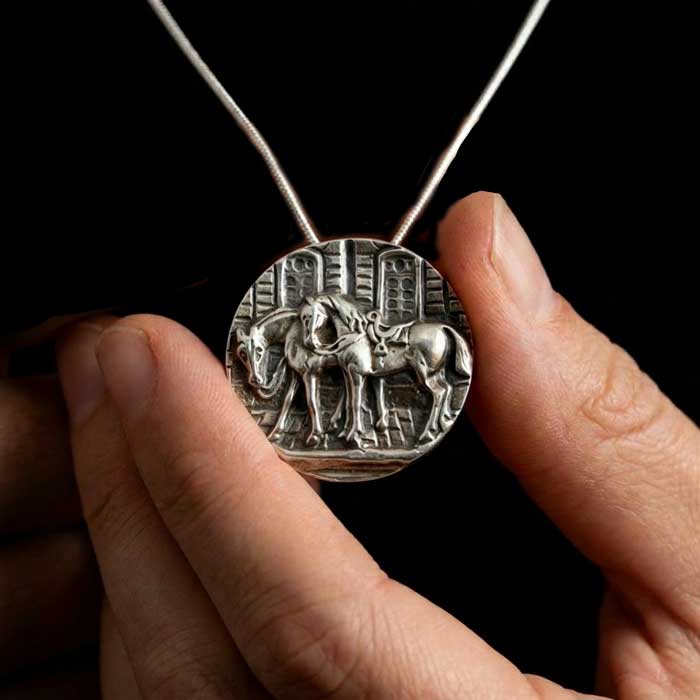 Pair of Saddled Horses Pendant and Pin Sterling Silver handing holding pendant