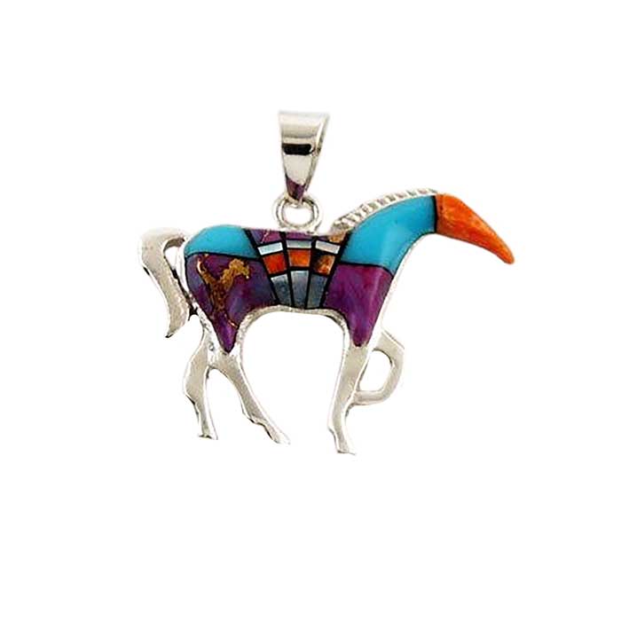 Lucy Multi Colored Inlay Horse Pendant Necklace 
