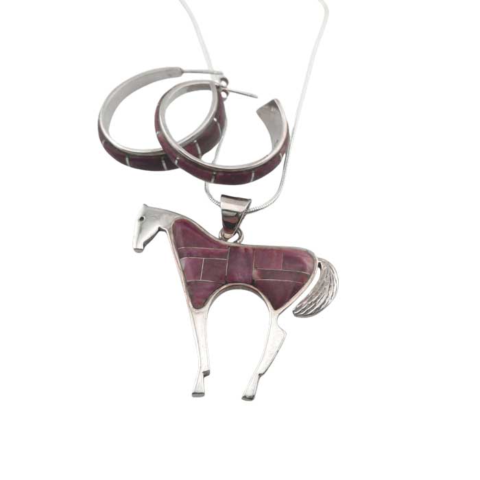 Amethyst oyster shell inlay horse pendant necklace and earrings set