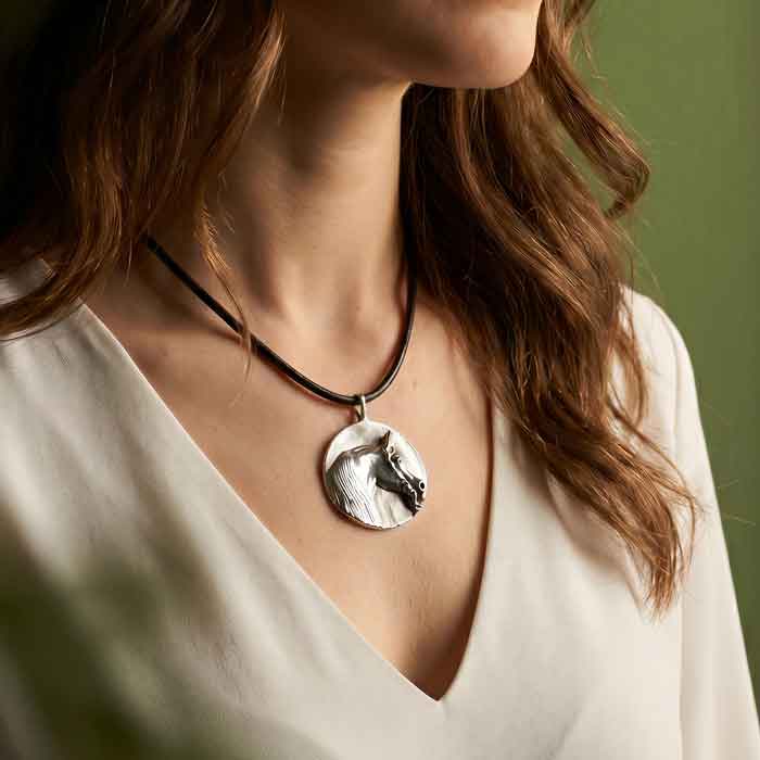Arabian Horse Head Pendant Necklace Sterling Silver or Bronze shown with person wearing it