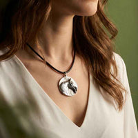 Arabian Horse Head Pendant Necklace Sterling Silver or Bronze shown with person wearing it