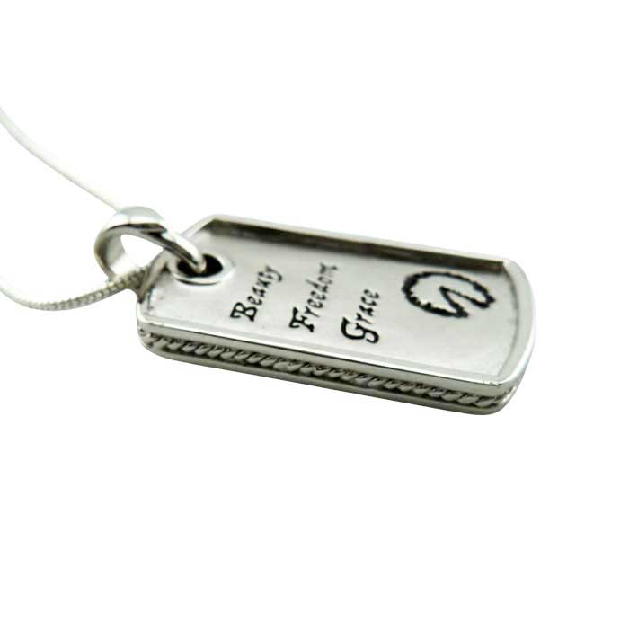 Beauty Freedom Grace Dog Tag Pendant necklace Sterling Silver with hoof print showing detailing goes all the way around