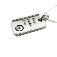 Beauty Freedom Grace Dog Tag Pendant necklace Sterling Silver with hoof print showing side edge with etching