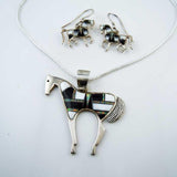 Black and White Inlay Horse Necklace and Earrings Set