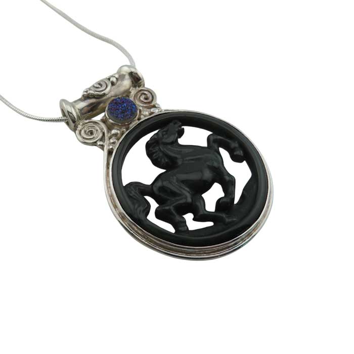 Carved Onyx dancing horse pendant necklace