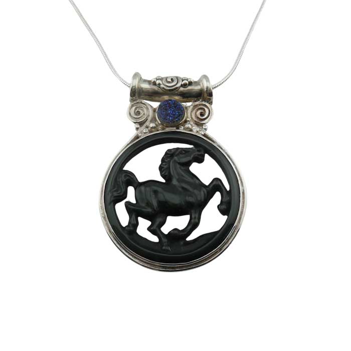 Carved Onyx dancing horse pendant necklace