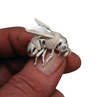 Bumble Bee Pendant Necklace or Pin Sterling Silver with blue sapphire eyes