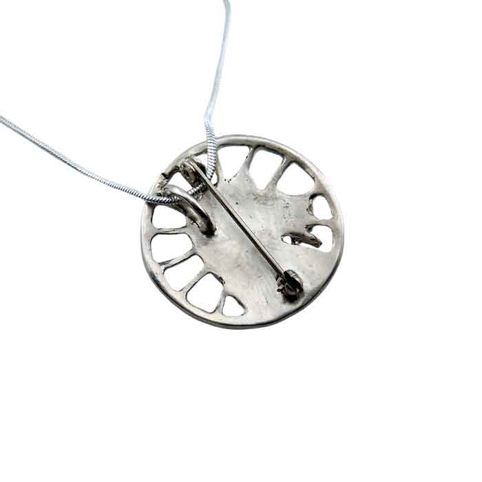 back of Carriage Horse Pendant Necklace in Sterling Silver  with pin backing
