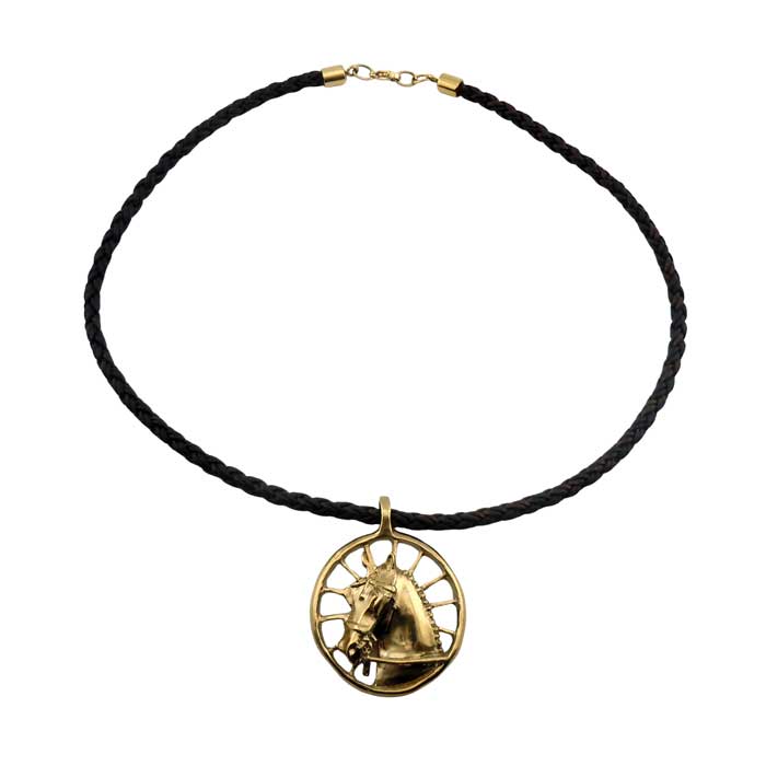 Carriage Horse Pendant Necklace Bronze  on braided leather cord