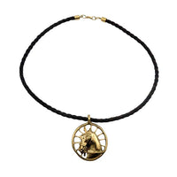 Carriage Horse Pendant Necklace Bronze  on braided leather cord
