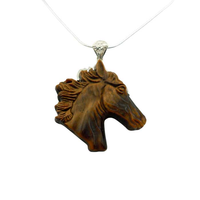 Tiger Eye Carved Horse Head Pendant Necklace sterling silver bail
