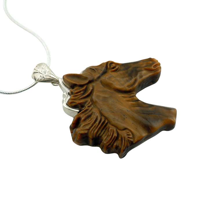 Tiger Eye Carved Horse Head Pendant Necklace sterling silver bail