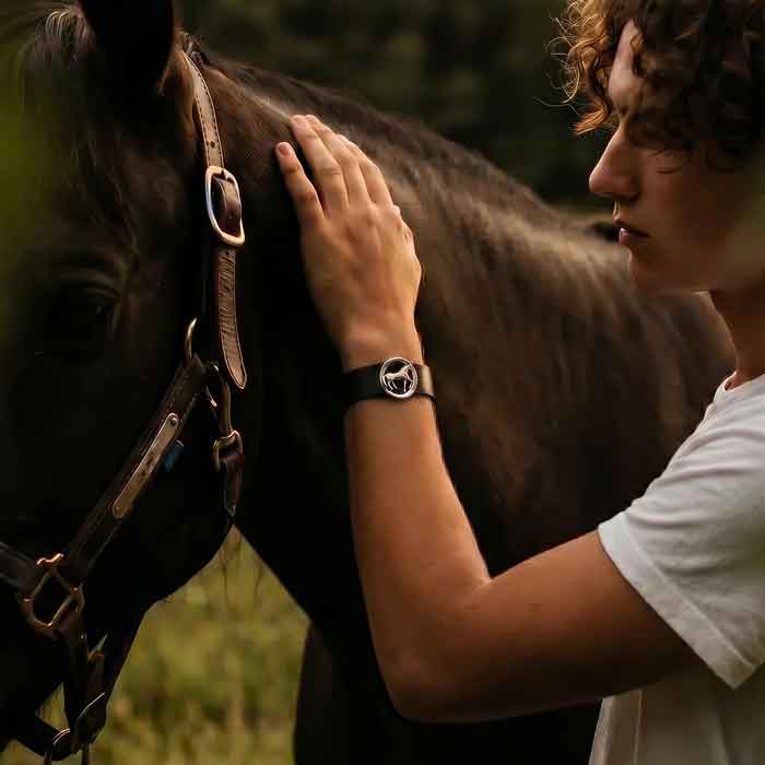 Piaffe Dressage Horse on Leather Cuff Bracelet sterling silver shown on horse lover's wrist with horse