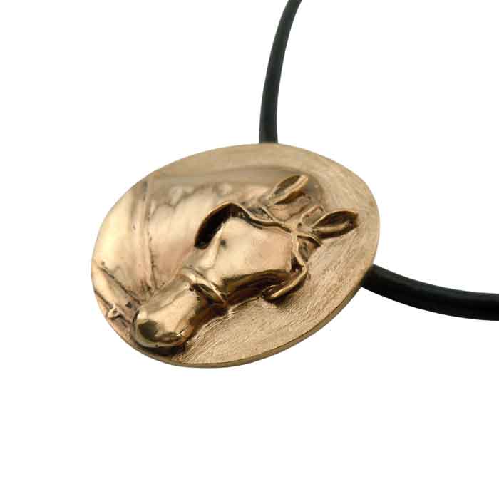 Driving Pony Pendant Necklace in Bronze side view showcasing bas relief depth