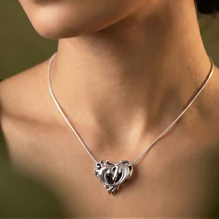 Entwinned Horses in Heart Necklace - sterling silver on horse lover