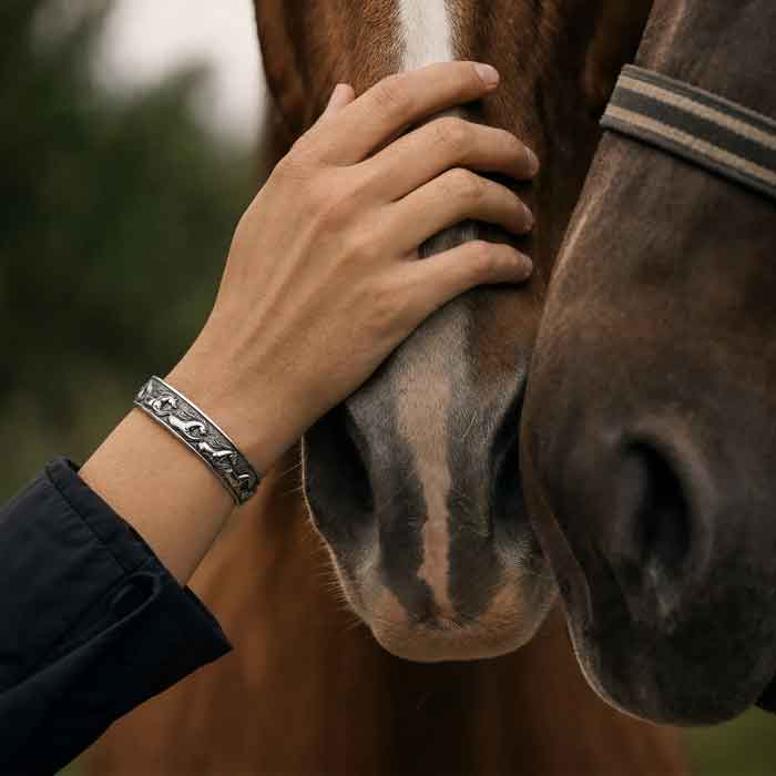 Flowing Horses Cuff Bracelet - sterling silver on the wrist of a horse lover