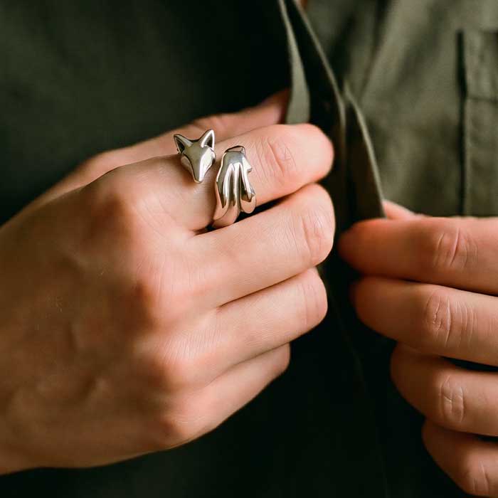 Fox and Bunny Ring in Sterling Silver shown on hand