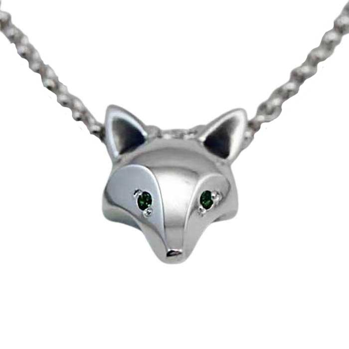 Fox Mask Pendant Necklace -sterling silver with green sapphire eyes