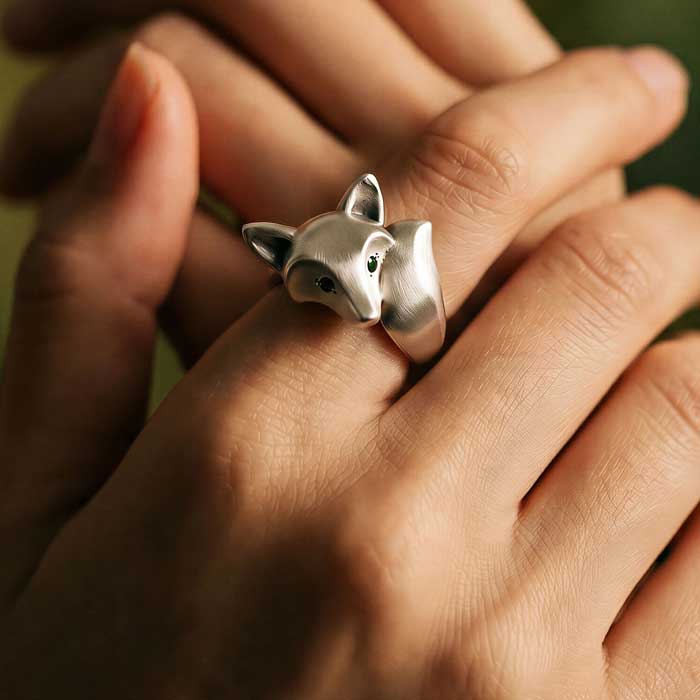 Fox Ring Satin Finish Sterling Silver shown on hand