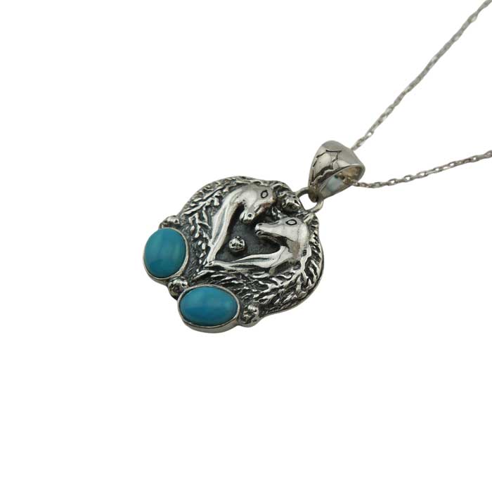 Gemini Horses with Turquoise Pendant Necklace