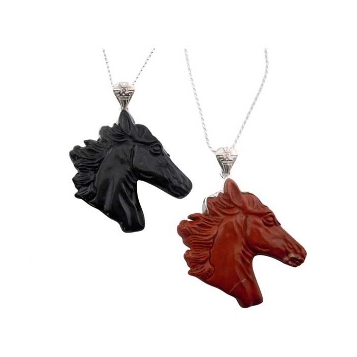 Gemstone Carved Horse Head Pendant Necklace capped with Sterling Silver