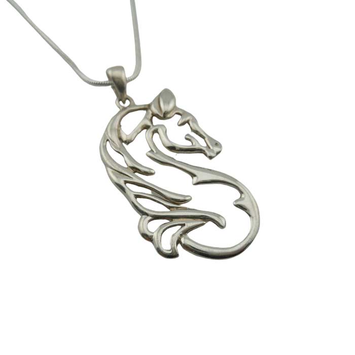 Outline Horse Head Pendant Necklace Sterling Silver. at angle