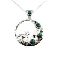 Horse and Half-Moon Necklace with green Malachite and Onyx in Sterling Silver