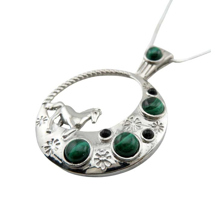 Horse and Half-Moon Necklace with green Malachite and Onyx in Sterling  at angle