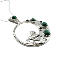 Horse and Half-Moon Necklace with green Malachite and Onyx in Sterling 