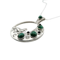 Horse and Half-Moon Necklace with green Malachite and Onyx in Sterling 