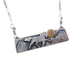 Horse, Mountains, Sun Bar Necklace Sterling Silver and 14k Gold